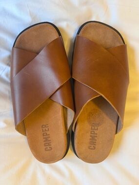 Camper Tan Leather Crisscross Slide Sandals